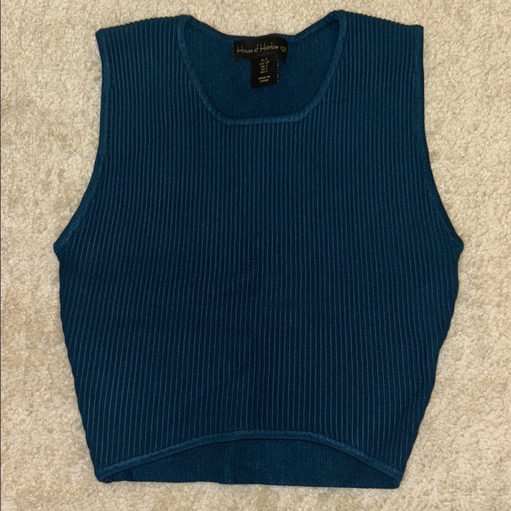 House of Harlow Ribbed Teal Blue Sleeveless Knit Tank